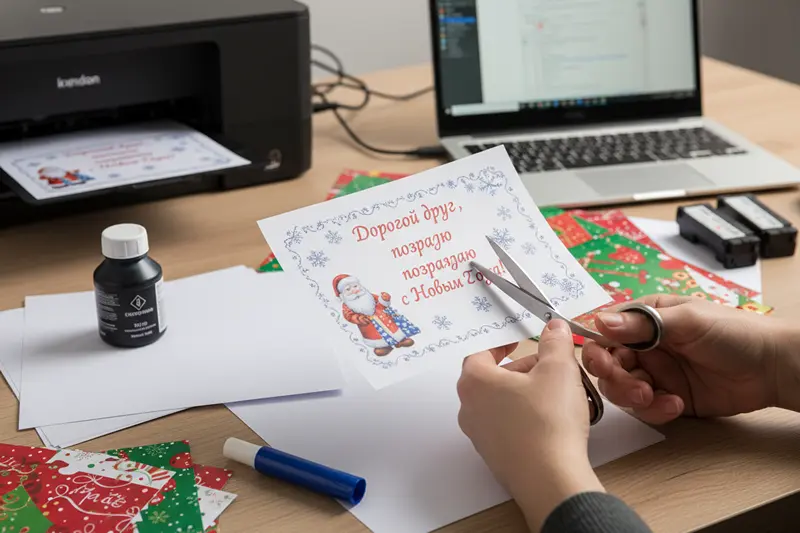 Процесс создания письма от Деда Мороза своими руками: принтер, бумага, ножницы