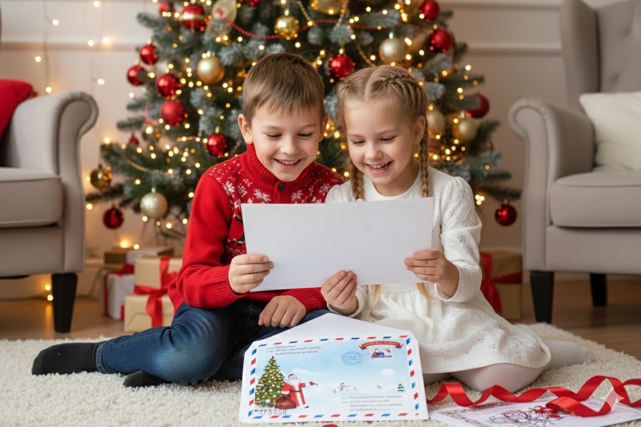 Двое детей (брат и сестра) вместе читают одно письмо от Деда Мороза